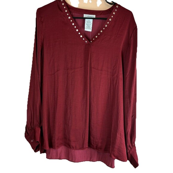 NWT Carmen Marc Valvo Women’s Dark Red Blouse Studded Neckline Size Large - Picture 1 of 6